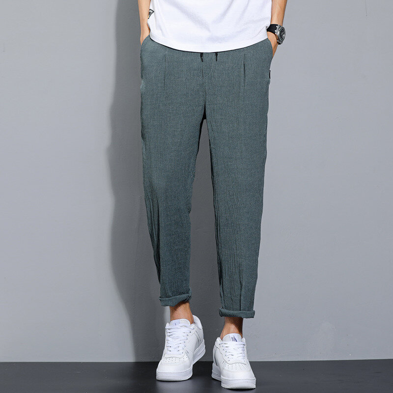 Verão algodão de linho calças masculinas moda casual calças cor sólida respirável solto shorts reta calças streetwear M-5XL