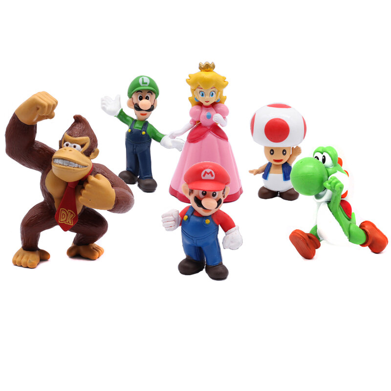 Super Mario Bros PVC Action Figure Toys para Crianças, Modelo de Bonecas, Luigi, Yoshi, Donkey Kong, Cogumelo, Presentes de Aniversário, 6Pcs Set