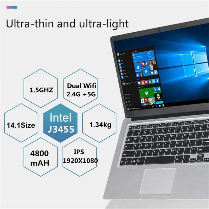 Intel Notebook Quad Core Intel J3455, Laptop 14.1 inci RAM 6GB 128GB 256GB SSD Windows 10 Wifi Bluetooth 4.0 Wifi