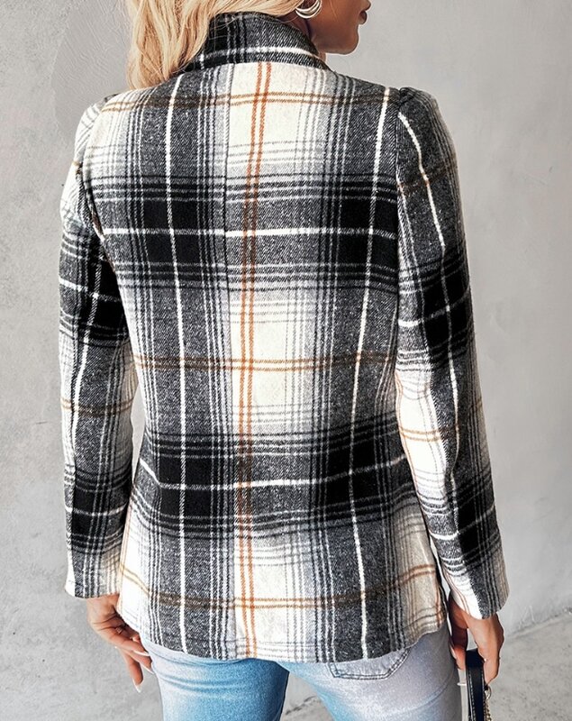 2023 Autumn Winter Spring New Fashion Casual Elegant Plaid Pattern Notched Collar Blazer Coat Female Clothing Outfits