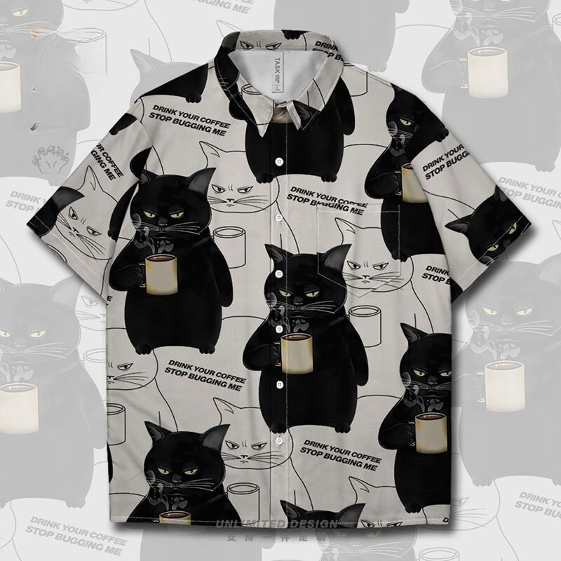 Nowa letnia czarna kawa z kotem ciekawa nisza duża koszula z krótkim rękawem męska i damska luźna letnia moda na topy y2k