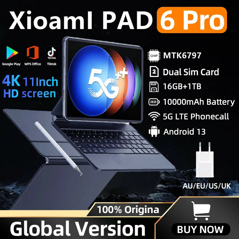 Pad 6 Pro Android 13 Tablet, Versão Global, Dual SIM, WPS GPS, Bluetooth, Rede 5G, Chamada telefônica, PC, Android 13, 16GB, 1TB, 10 Núcleo, 2024
