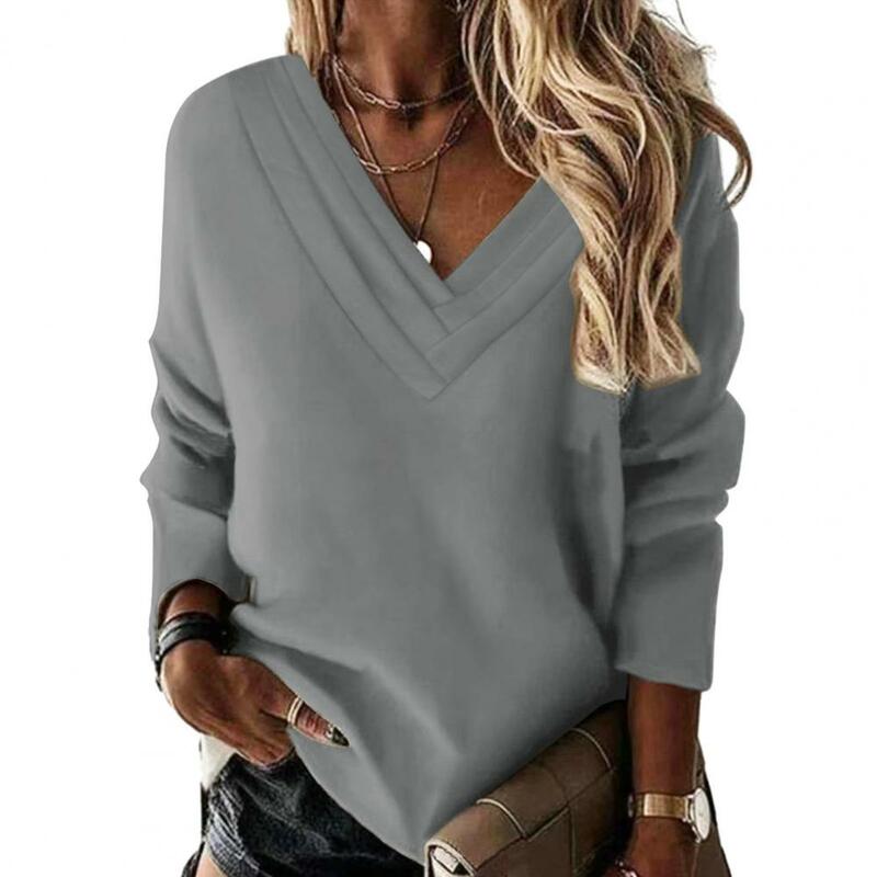 Women Fall Winter Top Multi-layered V Neck Solid Color Warm Long Sleeve Soft Sweatshirt Loose Pullover Casual Lady Blouse Top