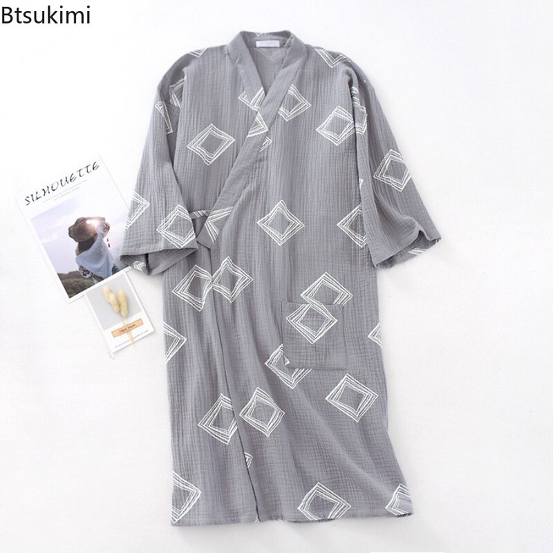 Pijama de algodão crepe masculino, cardigã de quimono japonês, pijama de duas camadas, roupão masculino confortável, roupa de casa estampada, roupão de gaze