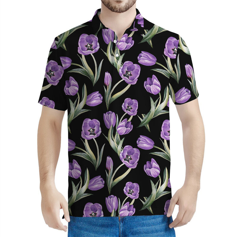 Padrão de flor e tulipa masculina camisas polo, estampa floral 3D, mangas curtas, botão de rua, tamanho grande lapela Tees, verão