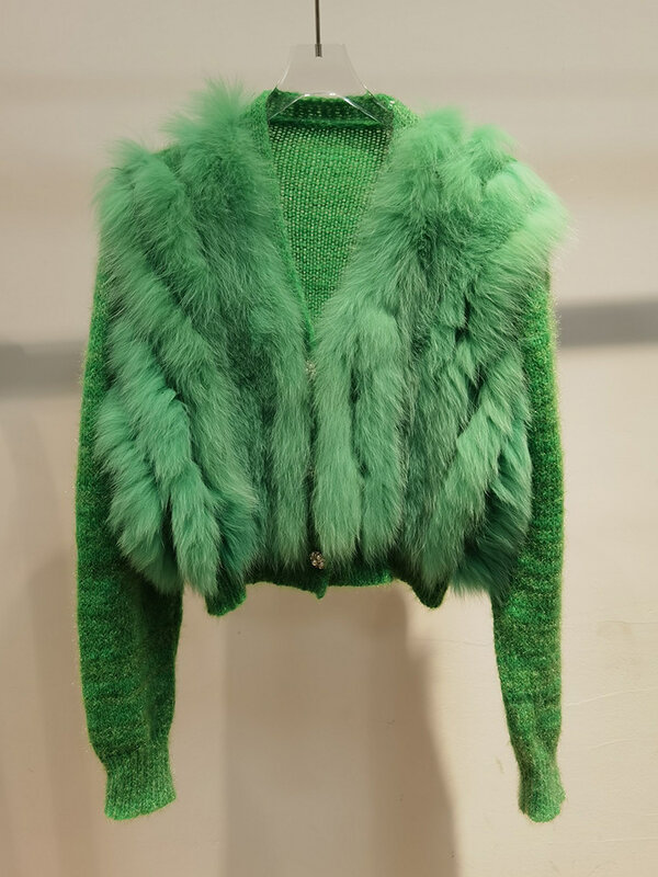 Suéter fino de punto de piel de zorro Real para mujer, abrigo de botonadura única, decoración exterior, moda de primavera y otoño
