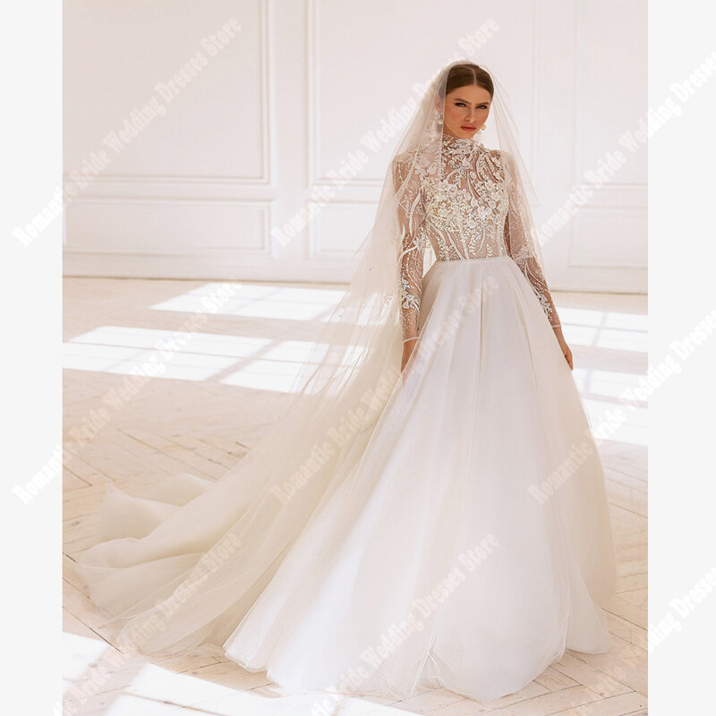 Соблазнительные Свадебные платья из фатина с высоким воротником, минималистичные высококачественные платья для выпускного вечера с длинным рукавом, модель 2024 года