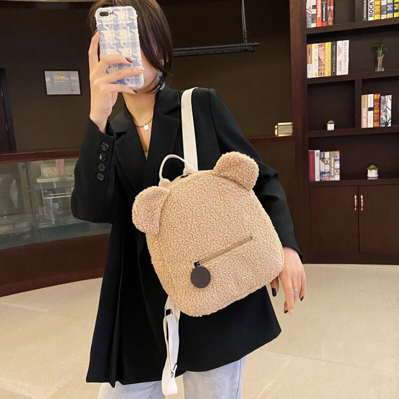 Cute Bear Ear Fleece Mochila pequena, mochila de lambswool quente casual para meninas, mochila, mochila para viagens, compras