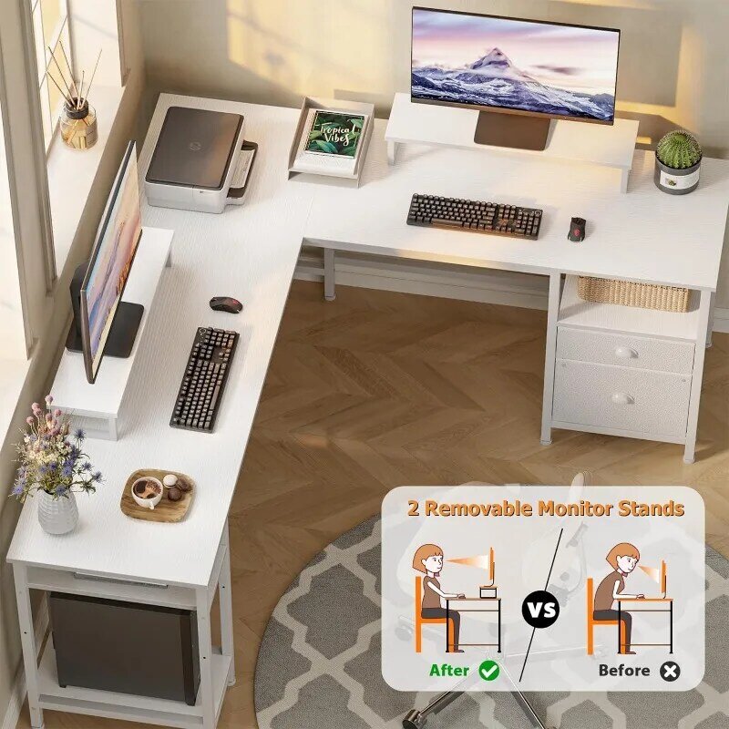 Meja berbentuk L 66 inci dengan rak, meja komputer sudut dapat dibalik dengan laci File & dudukan Monitor ganda, rumah kantor besar