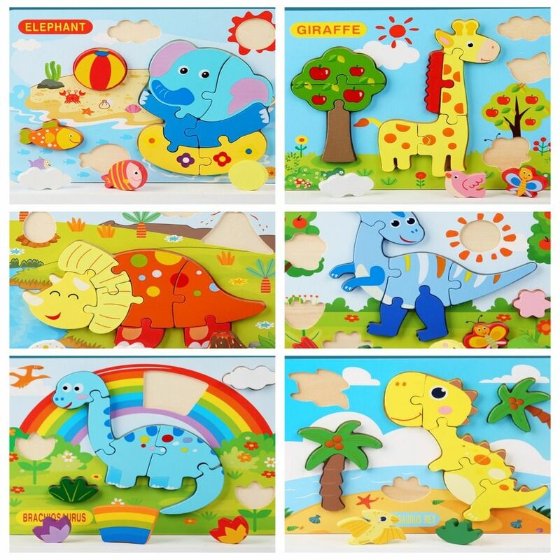Rompecabezas de dinosaurio de dibujos animados para niños, coche de juego colorido, rompecabezas de madera 3d, juguetes para bebés, regalo para niños