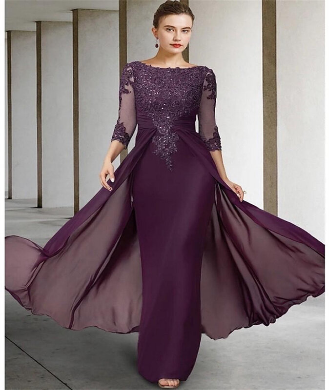 2022 Chiffon Mother Of The Bride Dresses Beading A Line Scoop Neck Half Sleeve Purple Blue Champagne Evening Prom Gowns