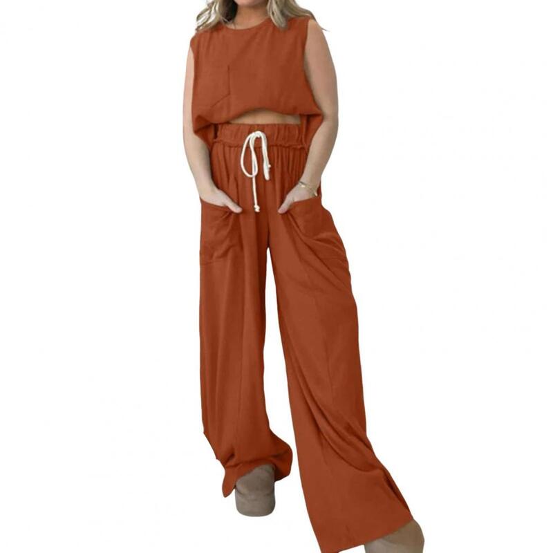 Colete sem mangas feminino com calças largas, cordão lateral na cintura, roupa diária de verão, terno de duas peças, conforto