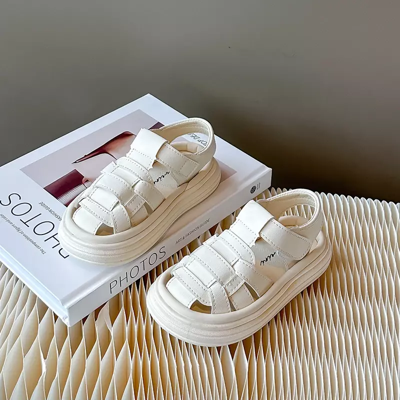 Children's Summer Sandals Girls Causal Woven Beach Shoes Fashion Solid Color Kids Thick Bottom School Sandals Toes-covered New