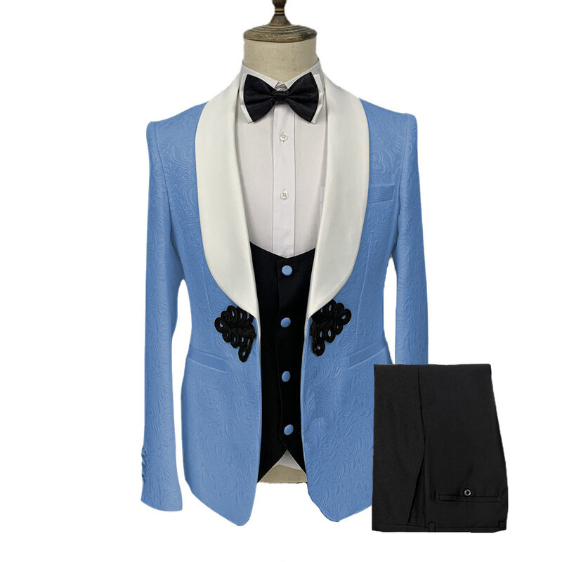 Męski garnitur 3-częściowy Slim Fit formalny żakardowy klamra na wesele bankiet dla pana młodego kurtka czarna kamizelka ze spodniami