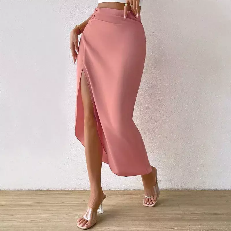 Женская Асимметричная юбка с разрезом, розовая элегантная юбка на бедрах со складками, весна-лето 2024