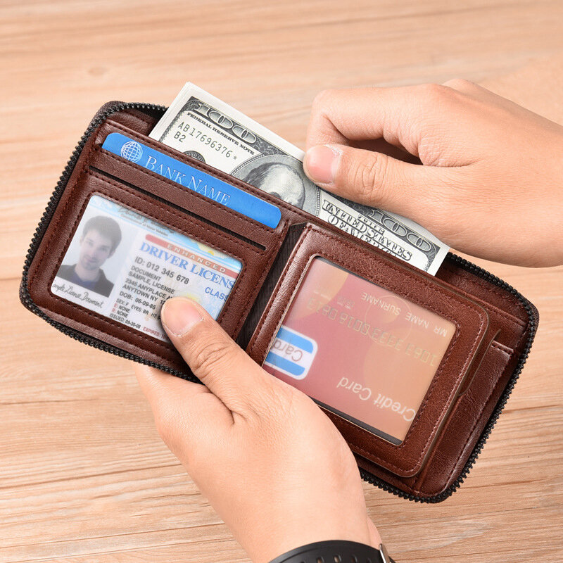 กระเป๋าใส่เงินหนังแท้สำหรับผู้ชายกระเป๋าสตางค์กระเป๋าเก็บบัตร RFID แบบมีซิปพกพาดีไซน์หรูหราผู้ถือบัตรสั้นสำหรับผู้ชาย
