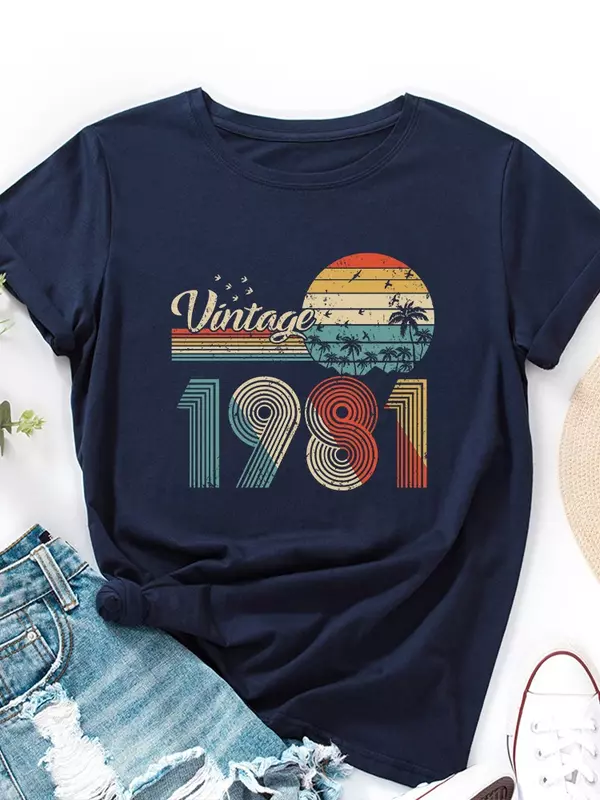 Vintage 1981 drukuj kobiety T koszula z krótkim rękawem O Neck luźna koszulka damska koszulka damska topy ubrania Camisetas Mujer