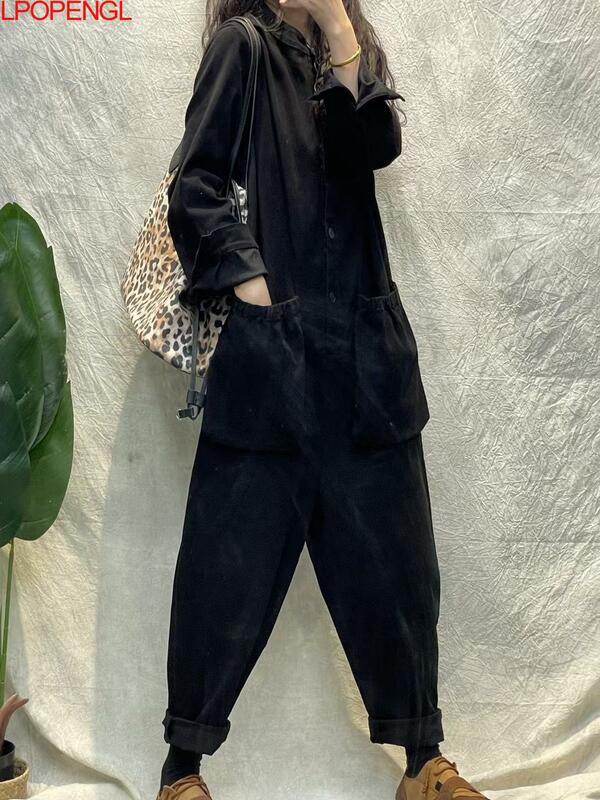 Комбинезон женский однотонный с длинными рукавами, Модный индивидуализированный пуловер, прямая уличная одежда с карманами, цельнокроеные брюки, весна