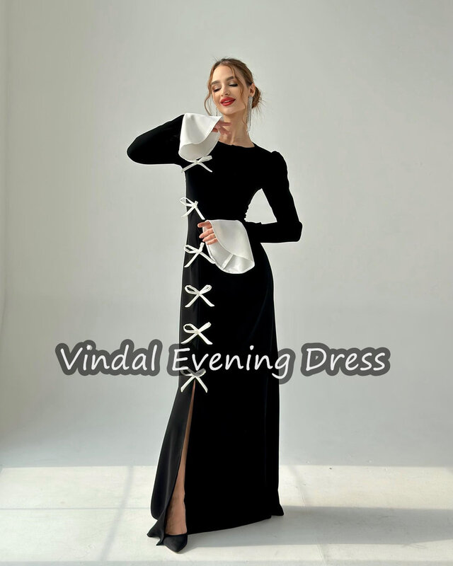 Vindal gaun malam wanita, gaun malam kerah bundar panjang lantai putri duyung elegan Built-in Bra Lengan Panjang Arab Saudi untuk wanita 2024