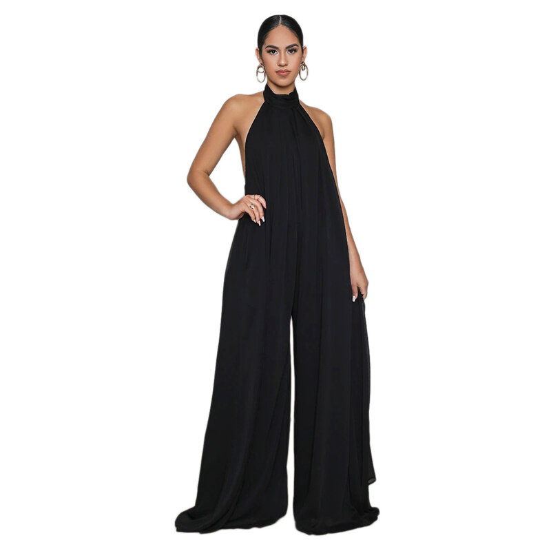 Summer Boho Style Women Chiffon Halter Backless Jumpsuits Loose Style Long Overalls Elegant Party Club Jumpsuit