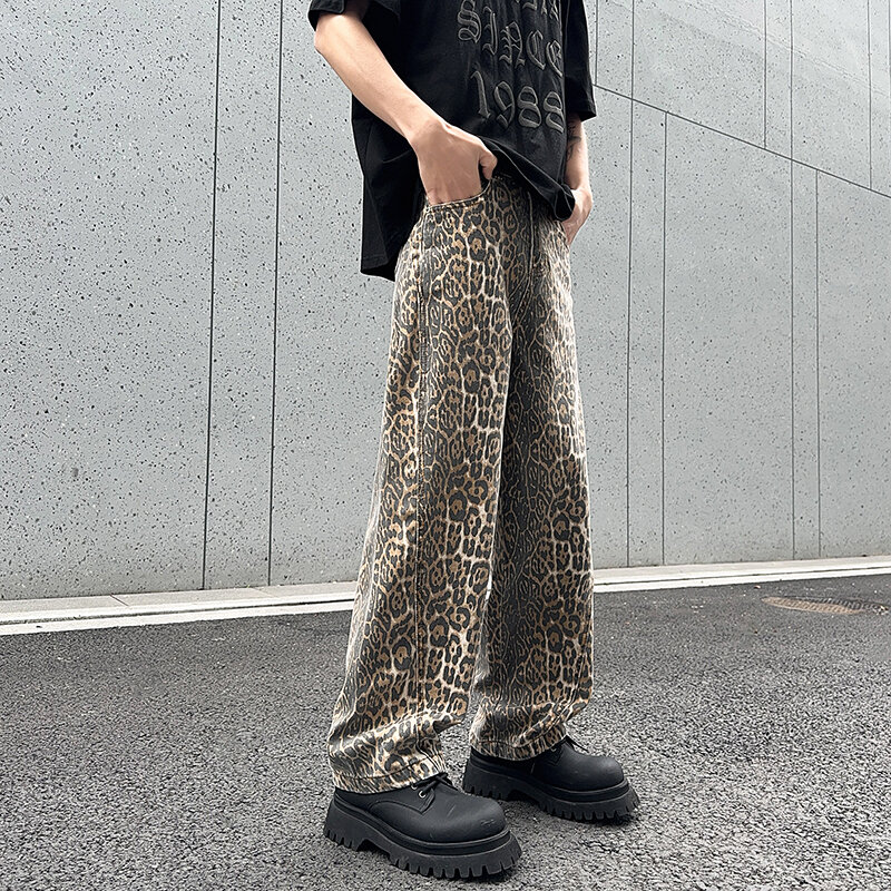 Celana panjang lurus pria, Jeans Denim macan tutul gaya Korea Hip Hop pakaian jalanan