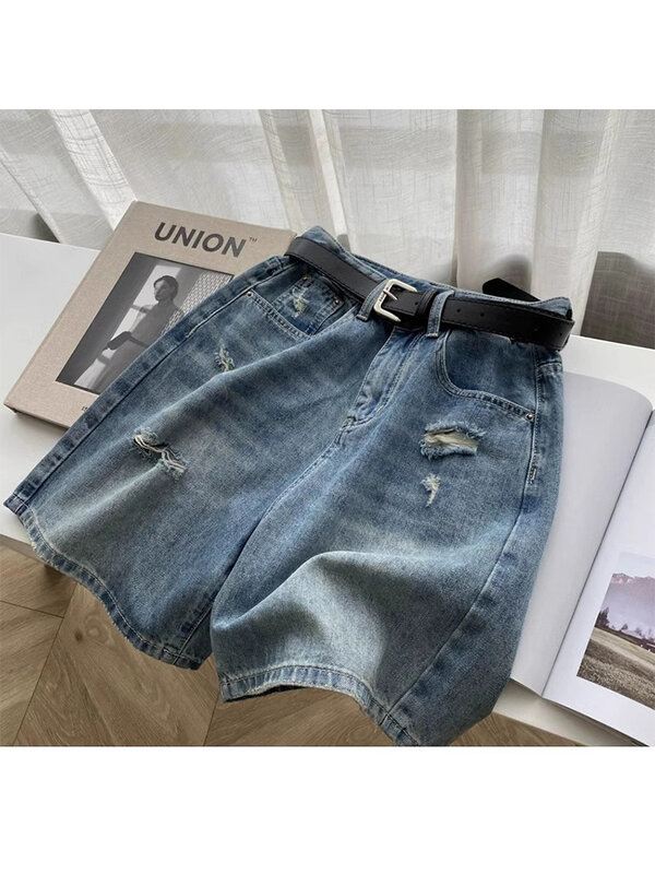 Women's Ripped Denim Shorts High Waist Wide Shorts Vintage Harajuku Y2k Korean Streetwear Knee Length Jeans Short Pants Summer