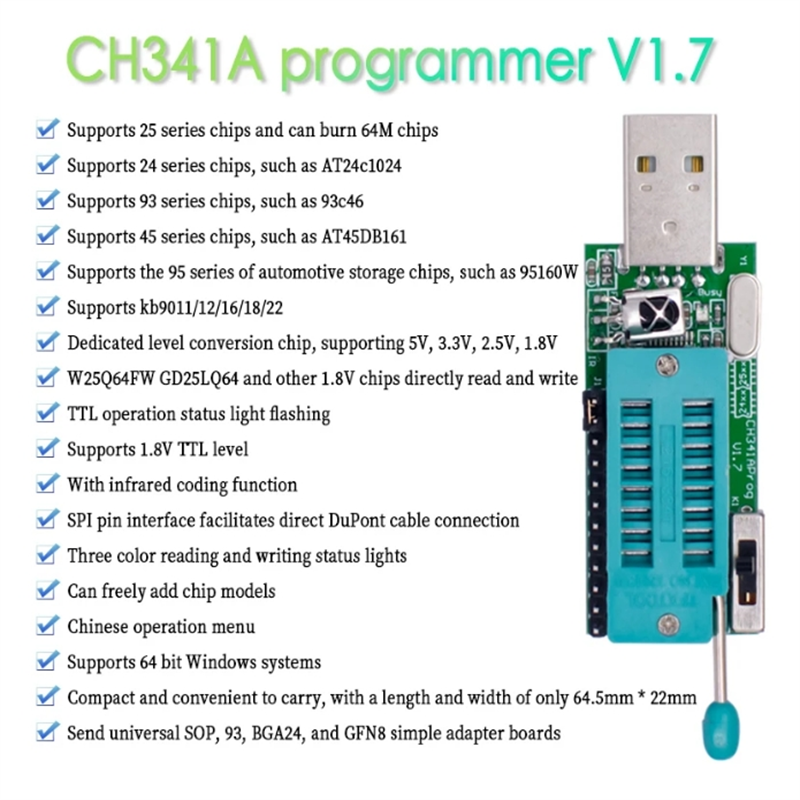 CH341A programador V1.7 1,8 V cambio de nivel W25Q64FW W25Q128FW Gd25LQ64