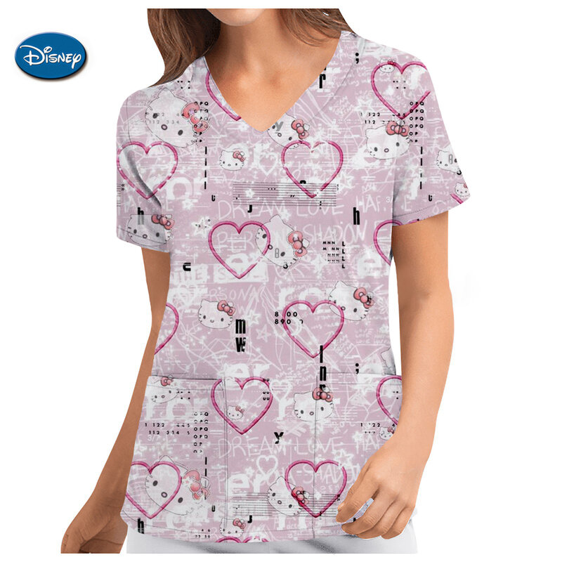 Hello Kitty ชุดยูนิฟอร์มเสื้อคลุมสำหรับพยาบาลแขนสั้นชุดยูนิฟอร์มทางการแพทย์ลาย Kuromi กระเป๋าใส่ทำงานชุดพยาบาลคลินิก