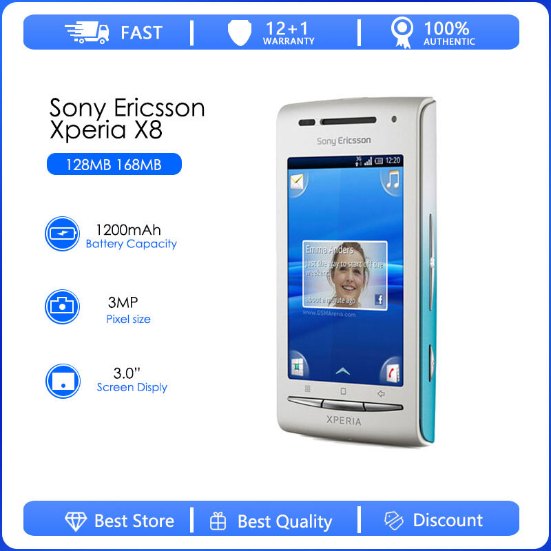 Sony Ericsson-Smartphone Desbloqueado Recondicionado, Telefone Xperia X8 E15i, GPS Android, Wi-Fi, Telefone de 3.0 ", X8 Recondicionado