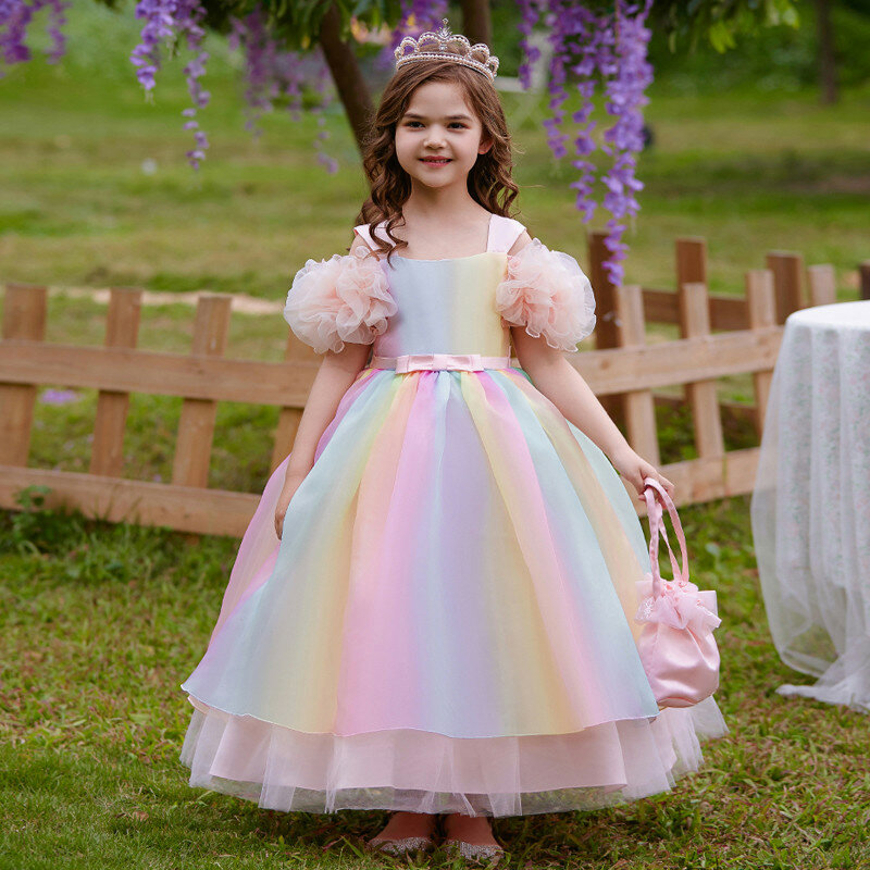 Tęczowy kwiat dziewczęce druhna ślubna sukienki imprezowe dla dzieci kolorowe bufiasta suknia piłka antystresowa z krótkim rękawem kokardka wiązana dla dzieci