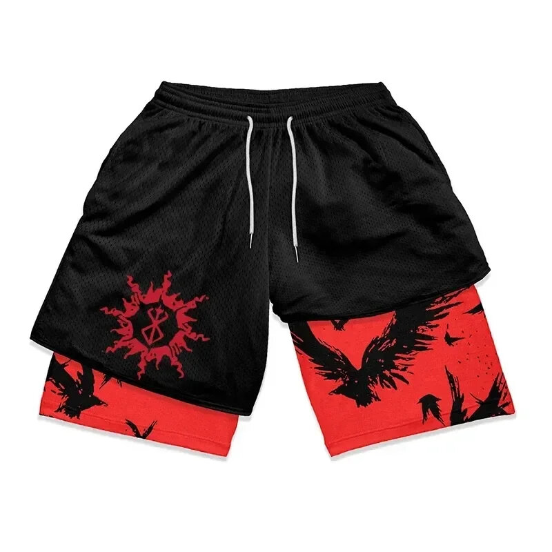 Anime Berserk 2 in 1 Gym Shorts for Men Active Athletic Compression Shorts 5 Inch Quick Dry Stretchy Training Fitness Workout