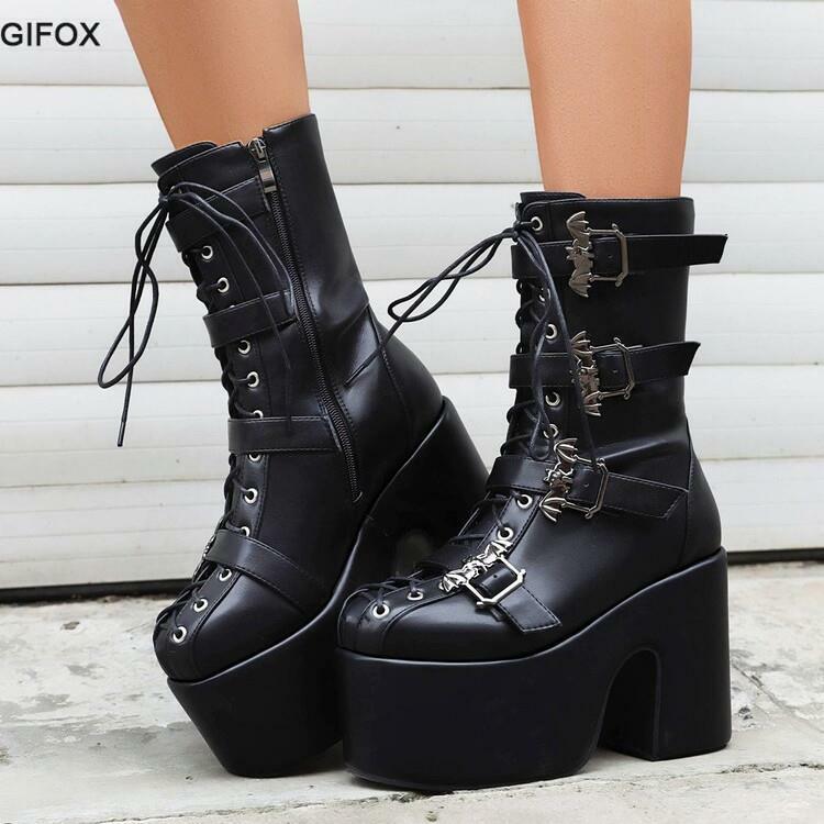 GIGIFOX Platform Boots For Women Goth Fashion Mid Calf Boots Lace Up Punk Motorcycle Chunky High Heeled Shoes Winter Brand New