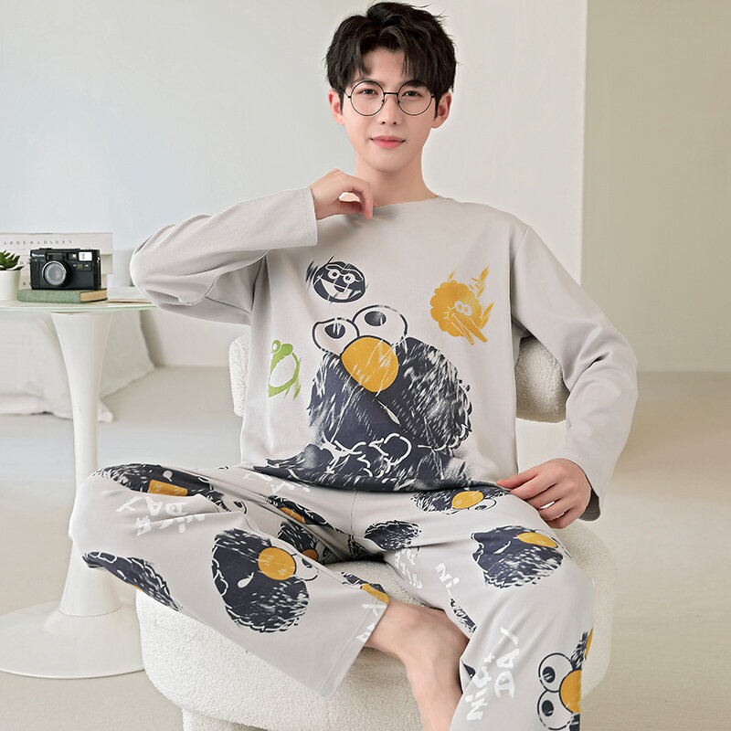 Piyama rajut pria musim gugur baru 2024 baju tidur motif siswa katun untuk pria pakaian tidur kasual santai lucu set piyama leher-o