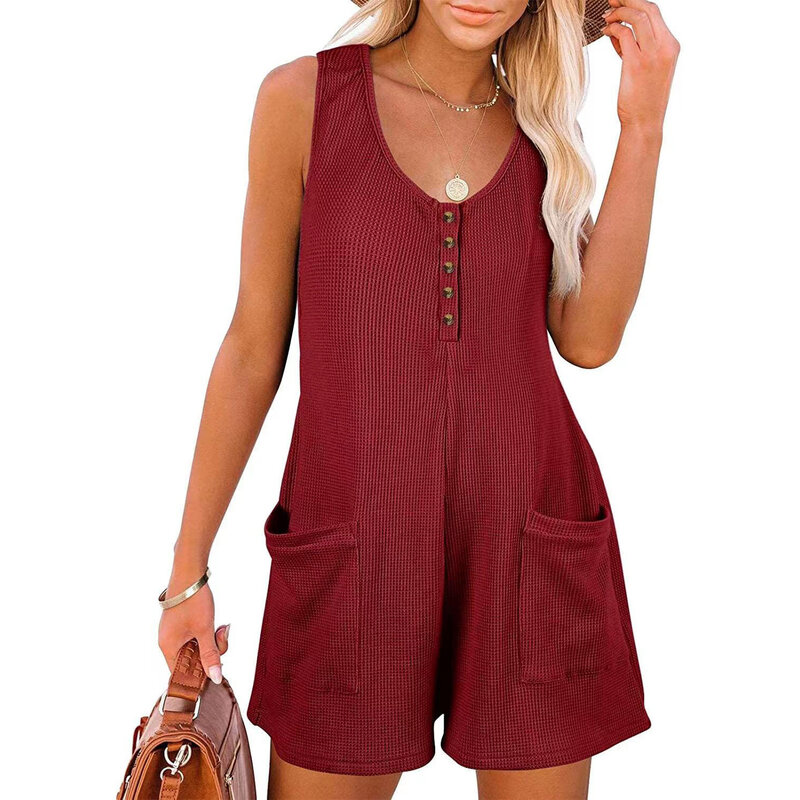 2023 Summer Playsuits Women Clothing Casual Women Overall Sleeveless Button Romper Loose Women Playsuits