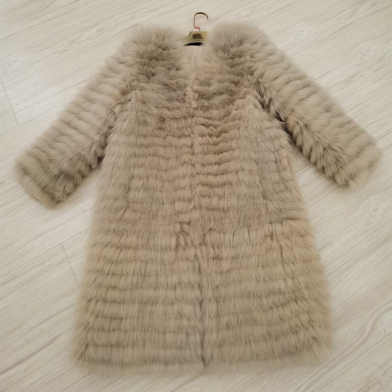 Women Winter Fashion Fox Fur Long Jacket Strip Sewed Toghter Real Fox Fur Long Outerwear Coat Length 95cm
