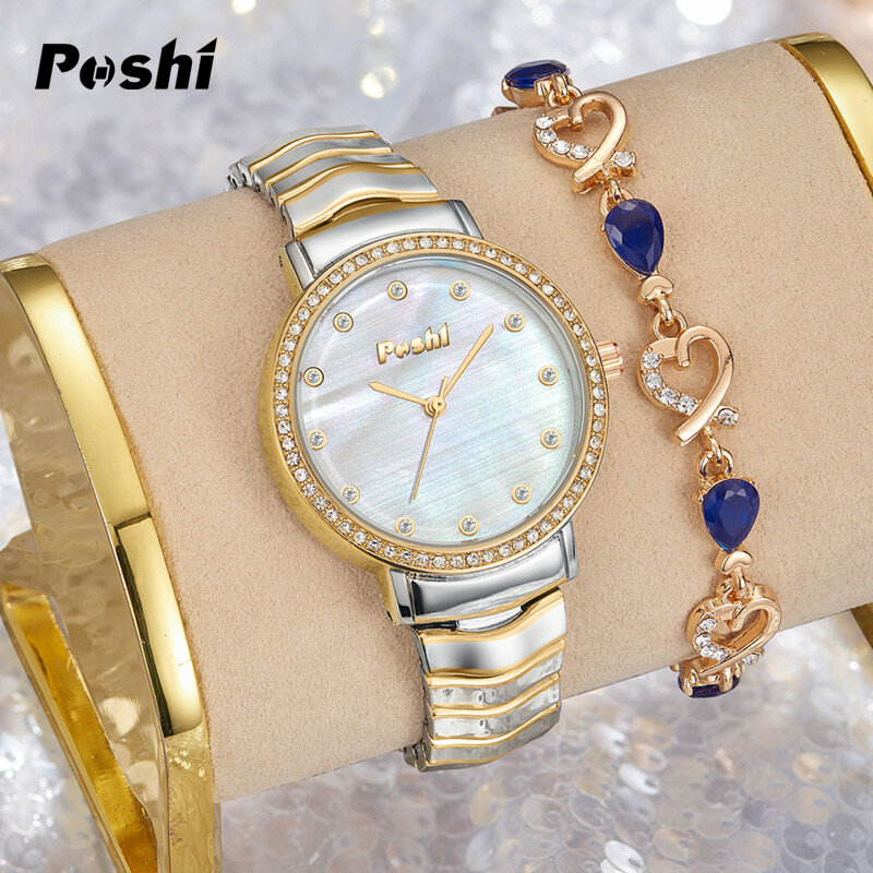 POSHI-Relógio de pulso quartzo de luxo feminino, marca original, pulseira de liga, moda, casual, pulseira feminina, relógio