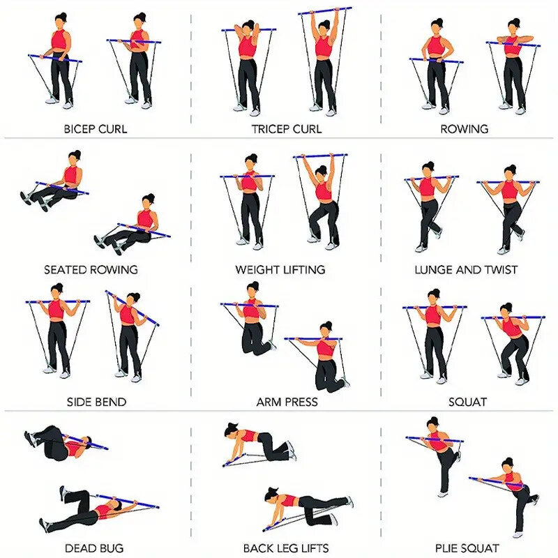 Kit Bar Pilates dengan pita resistensi, tiang Pilates dengan pita Tumpuk, peralatan olahraga untuk latihan kaki, pinggul, pinggang dan lengan
