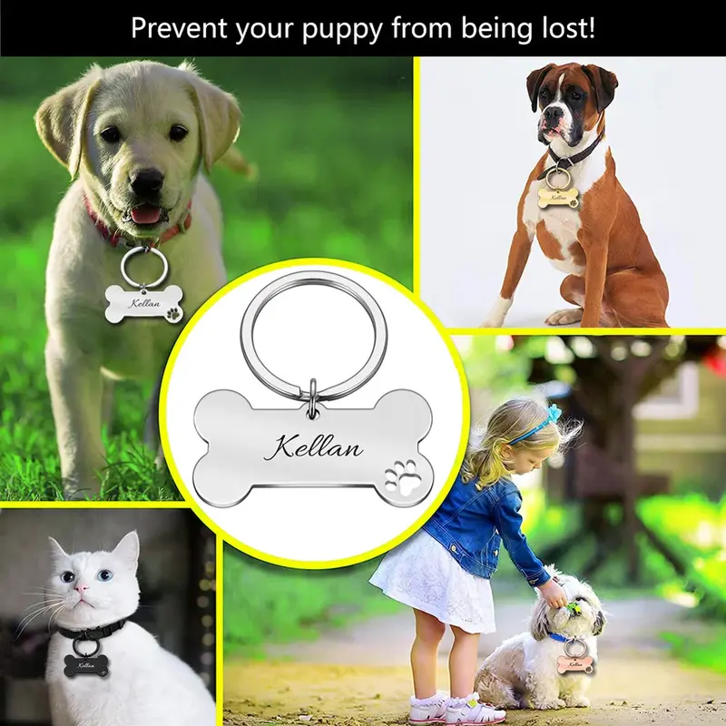 Collar personalizado para mascotas, etiqueta de identificación grabada, Nombre de mascota para gato, cachorro, colgante, llavero, etiqueta de hueso, accesorios para mascotas, envío directo