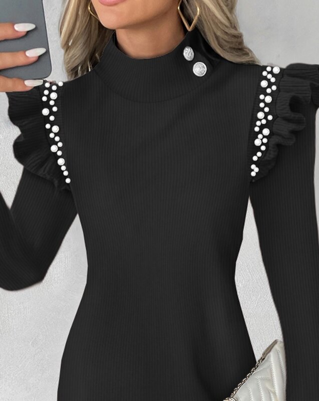 Gaun Bodycon untuk wanita 2023 gaun Mini ramping kasual pullover leher tinggi bermanik kancing lengan Flutter rajut ruffle untuk wanita