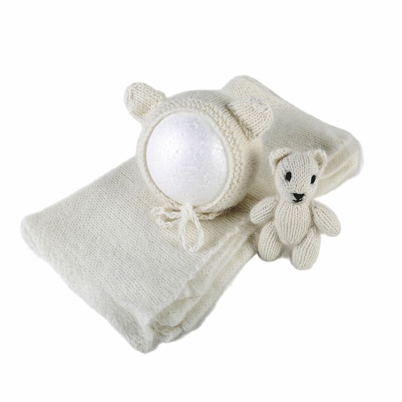 Angora สีเทาทารกแรกเกิดยืด Jersey ถักตุ๊กตาหมี Bonnet ชุดของเล่นการถ่ายภาพ Props เด็ก Vintage เสื้อกันหนาวหมวกของเล่น