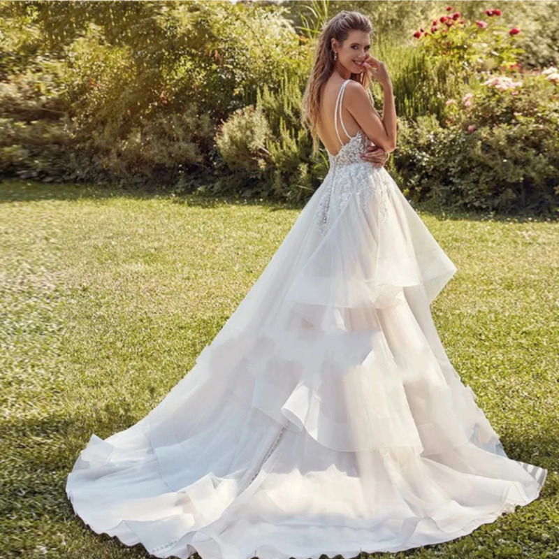Exquisite gekräuselte Brautkleider für Frauen Braut Spitze Applikationen abgestufte Träger Brautkleid Vestidos de Novias nach Maß