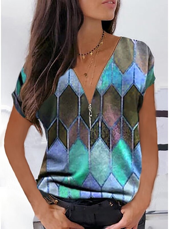 Blusa informal de manga corta con cuello en V para mujer, camisa con estampado de bloques de Color, con cremallera, XS-5XL, 2023