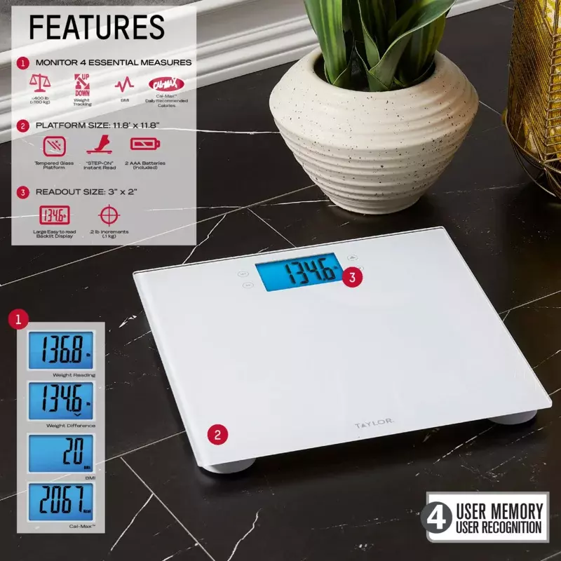 Taylor 11.8" x 11.8" 400 lb Glass Digital Wellness Scale Battery Powered with 4 Essential Measures, White
