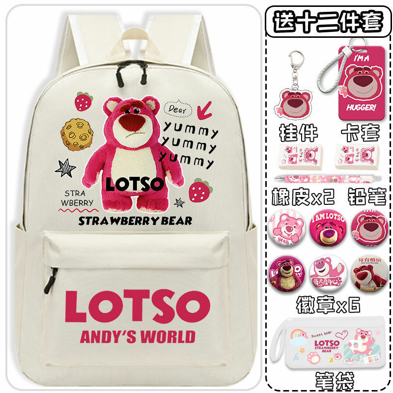 Sanrio Strawberry Bear Cartoon Student Schoolbag, mochila de descompressão leve, grande capacidade, homens e mulheres, durável