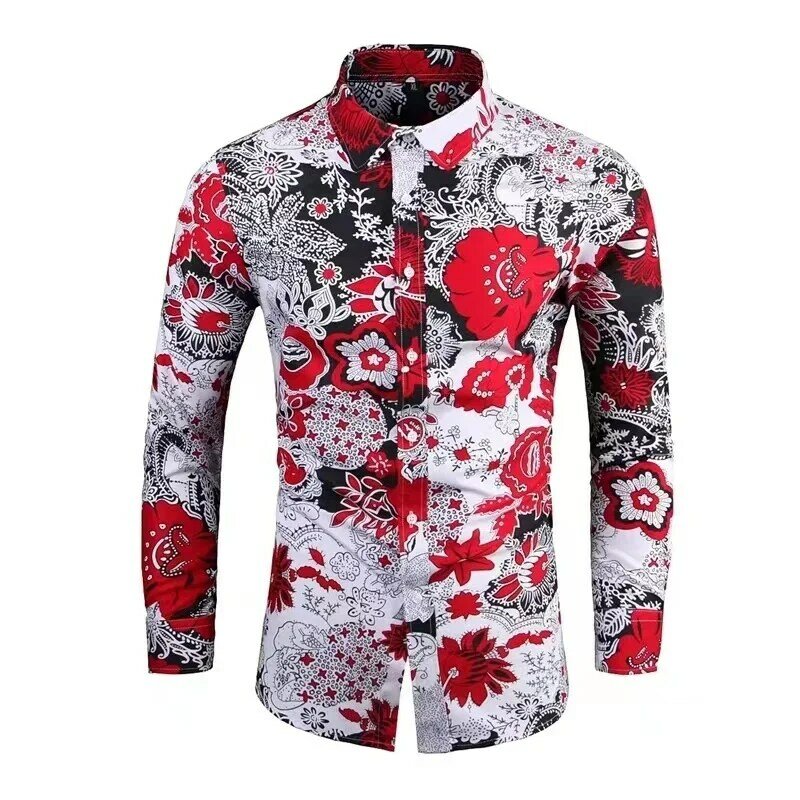 남성용 캐쥬얼 야외 세트 라펠 셔츠, 긴팔, 부드럽고 편안한 소재, 플로럴 로즈 레드 HD 패턴, 용수철 및 가을