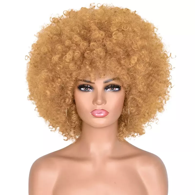 Krótkie syntetyczne peruki Afro dla czarnych kobiet afrykańskie czarne różowe puszyste miękkie Cosplay naturalne włosy Afro peruka z kręconych włosów typu Kinky z grzywką