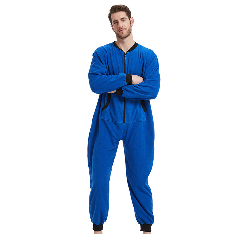 Mann Nachtwäsche Overalls ohne Kapuze Onesies Taschen Reiß verschluss einteilige feste Pyjamas lässige Homewear Langarm Nachtwäsche Pyjamas