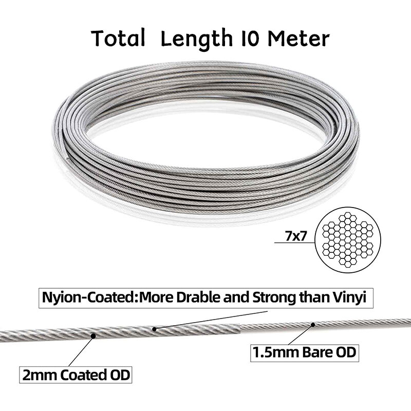 10 Meter Wire Rope Kit Diameter 2mm Nylon Coated 304 Stainless Steel Cable Transparent Outdoor Hanging Bird Feeder