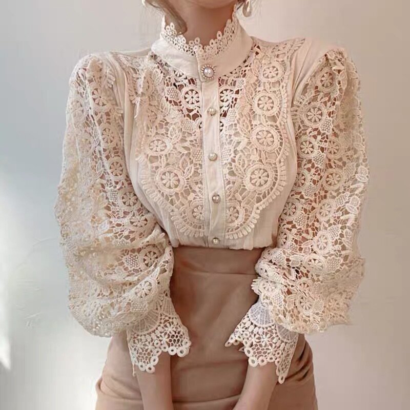 Camisa feminina de gola alta com botão de chiffon, renda floral elegante, blusa fofa de manga comprida, oca, blusa branca grande, moda, 2024