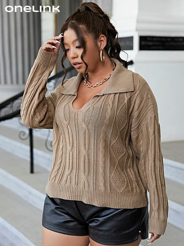 ONELINK jednolite Khaki kabel wzór duży osłona szyi sweter Plus Size z długim rękawem imitacja WS Cashmere miękkie strój na co dzień dla kobiet